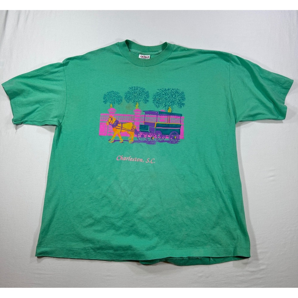 Vintage Tee Jays Charleston SC Horse Carriage T Shirt Green 3XL Single Stitch